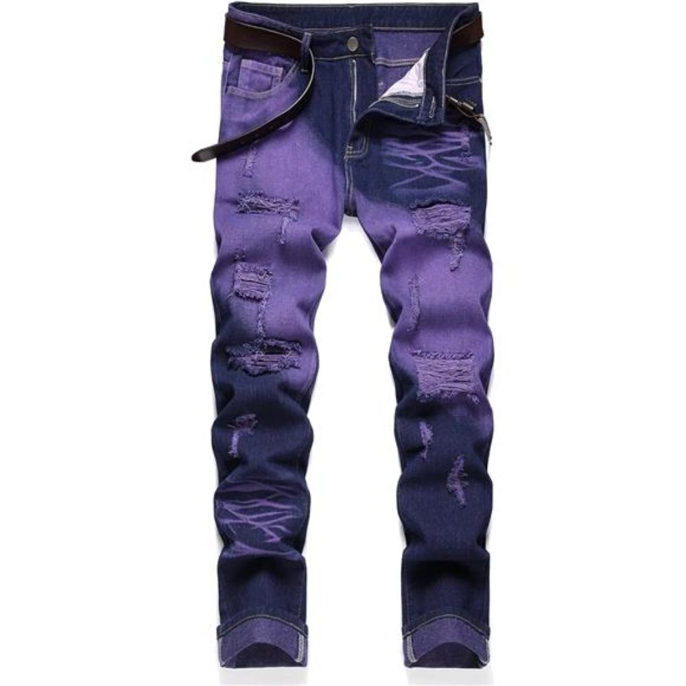 Men's Ripped Jeans Regular Fit Distressed Slim Straight Leg Stacked Biker